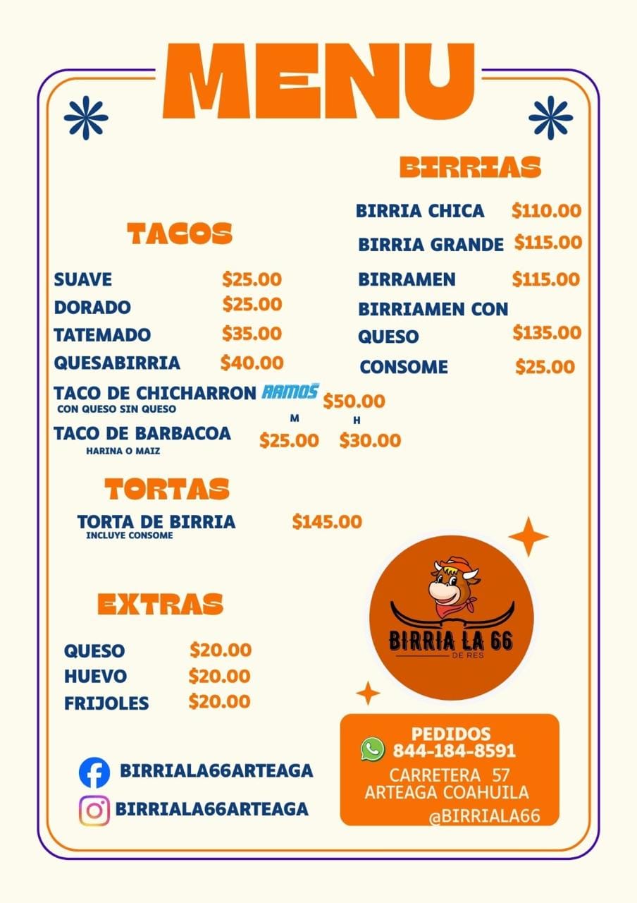 Menú Birria La 66 - Tacos, Birrias, Tortas y Extras