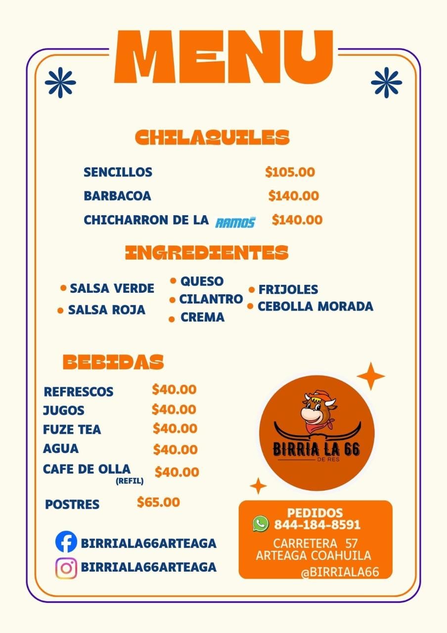 Menú Birria La 66 - Chilaquiles, Ingredientes y Bebidas