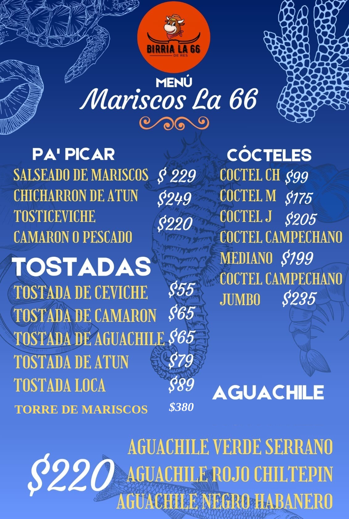 Menú Mariscos La 66 - Pa' Picar, Tostadas, Torre de Mariscos, Cócteles y Aguachile