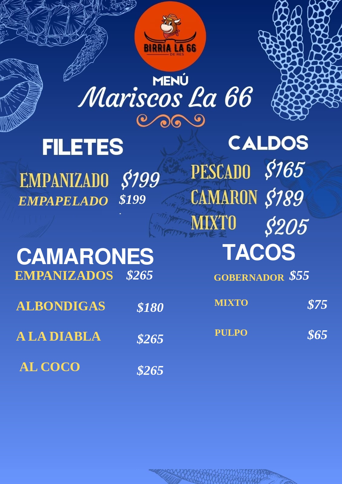 Menú Mariscos La 66 - Filetes Empapelado, Caldos, Camarones y Tacos