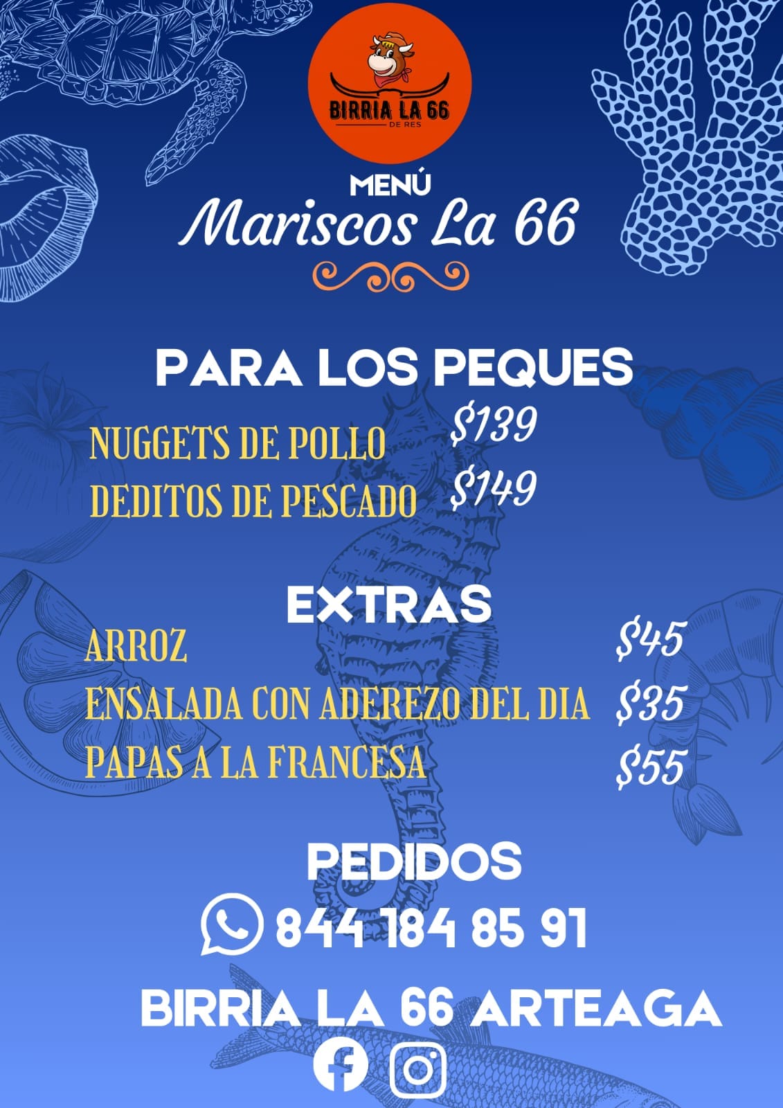 Menú Mariscos La 66 - Para los peques, Extras y Pedidos